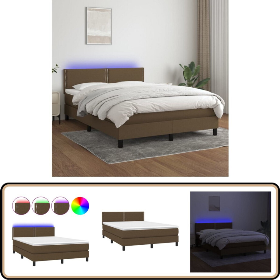 vidaXL Boxspring met matras en LED - 140x190 cm - Bruin Boxspring - Boxsprings - Bed Frame - Tweepersoonsbed - Lederlook afbeelding 1