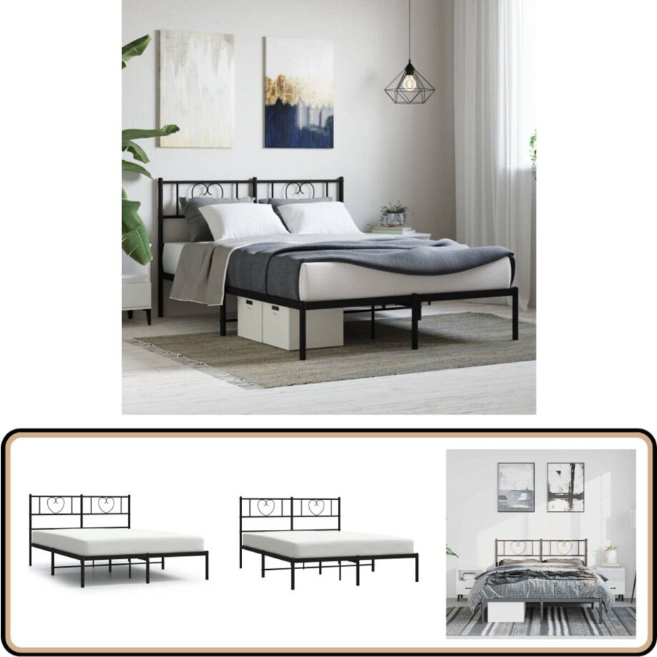 vidaXL Bedframe met Hoofdbord Metaal Zwart 150x200 Robuust Bed Frame - Klassiek Bed - Zwart Bed - Metalen Bed - Boxspring Bed afbeelding 1