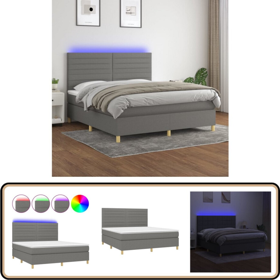 vidaXL Boxspring - 180x200 cm - Met LED-verlichting Boxspring - Bed Frame - Led Licht - Grijs Bed - Tweepersoons Bed afbeelding 1