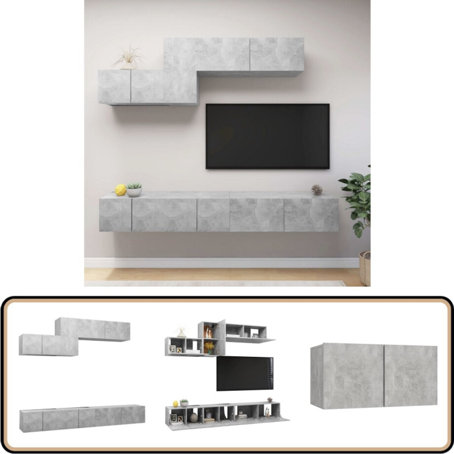 vidaXL Tv-meubelset - 6-delig - Bewerkt hout - Betongrijs Tv Kastenset - Houten Tv Meubilair - Tv Wandmontage - Betonnen Grijs - Living Room Furniture afbeelding 1