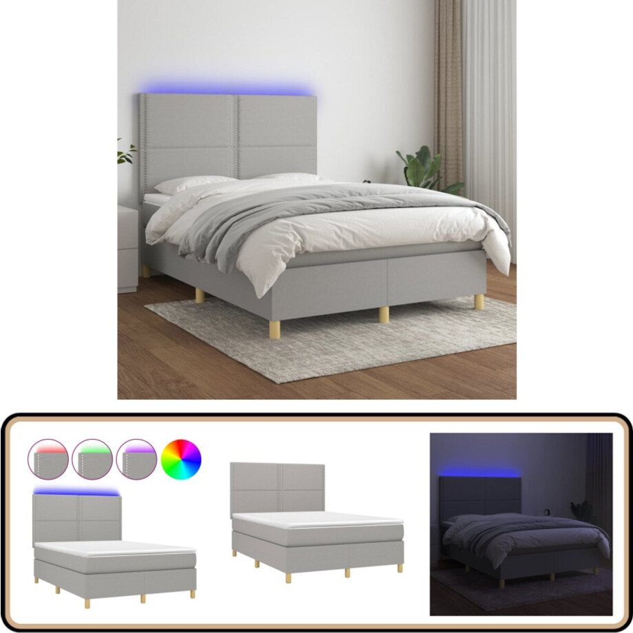 vidaXL Boxspring met LED lichtgrijs 140x190 cm Boxspring - Led Boxspring - Boxspring Met Led - Boxspring Grijs - Tweepersoons Boxspring afbeelding 1