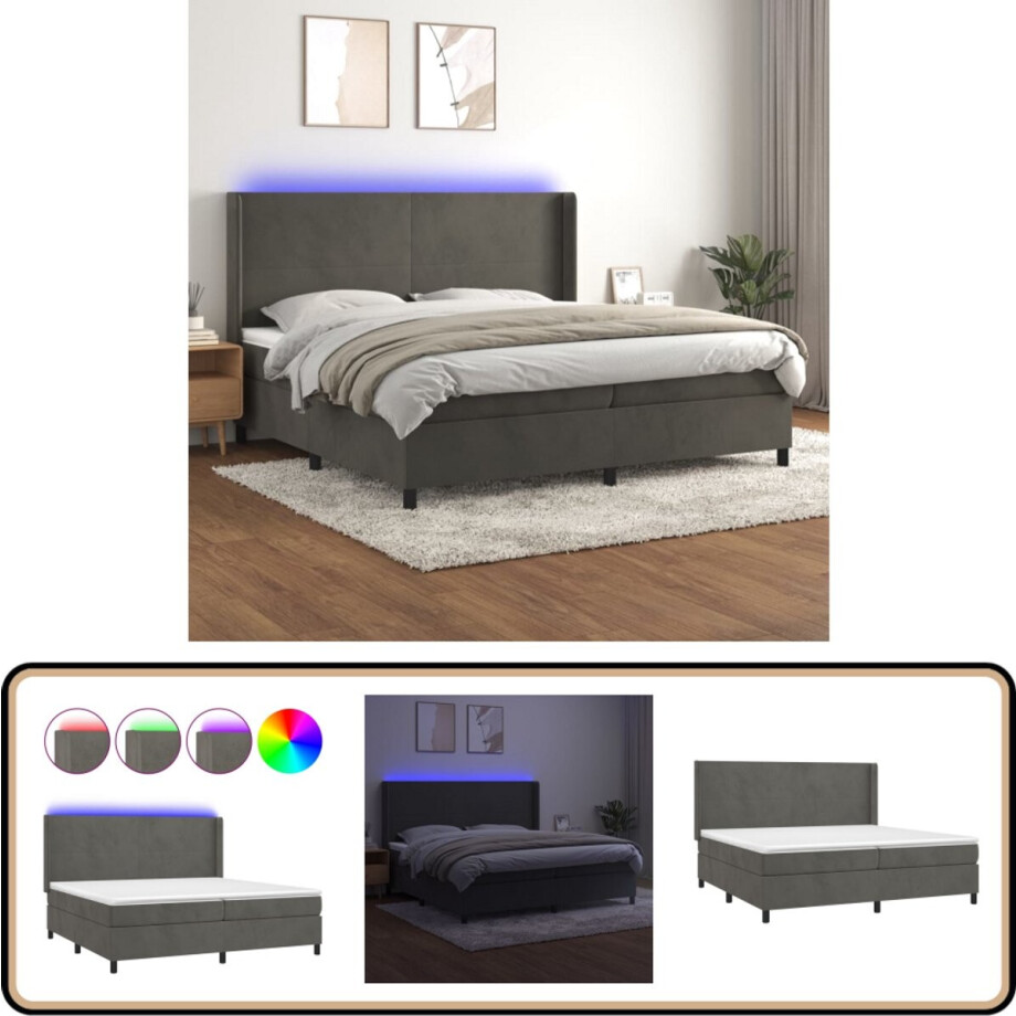 vidaXL Boxspring met LED - Fluweel - 200x200 cm Boxspring - Fluweel Bed - Led Lampje - Verstelbare Hoofdbord - Pocketveer Matras afbeelding 1
