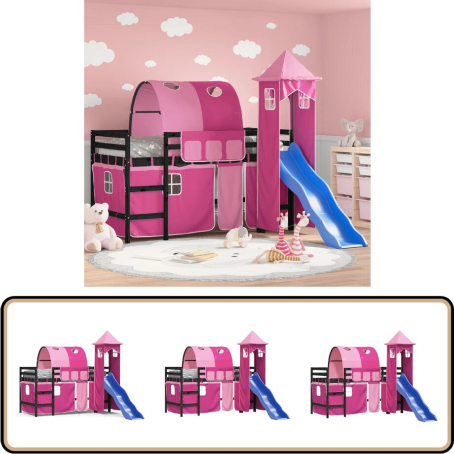 vidaXL - Kinderhoogslaper - met - toren - 80x200 - cm - massief - grenenhout - roze vidaXL - Kinderhoogslaper - met - toren - 80x200 - cm - massief - grenenhout - roze afbeelding 1