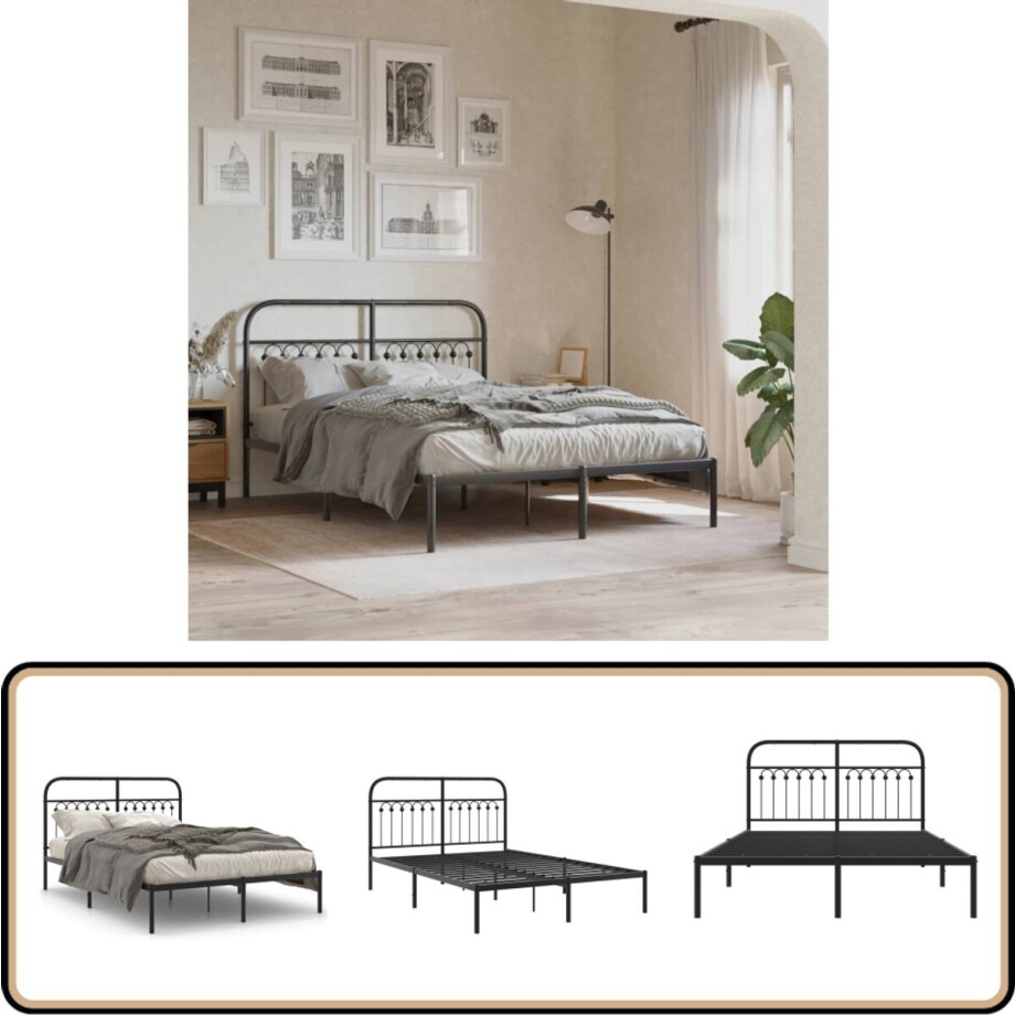 vidaXL - Bedframe - met - hoofdbord - metaal - zwart - 140x190 - cm afbeelding 1