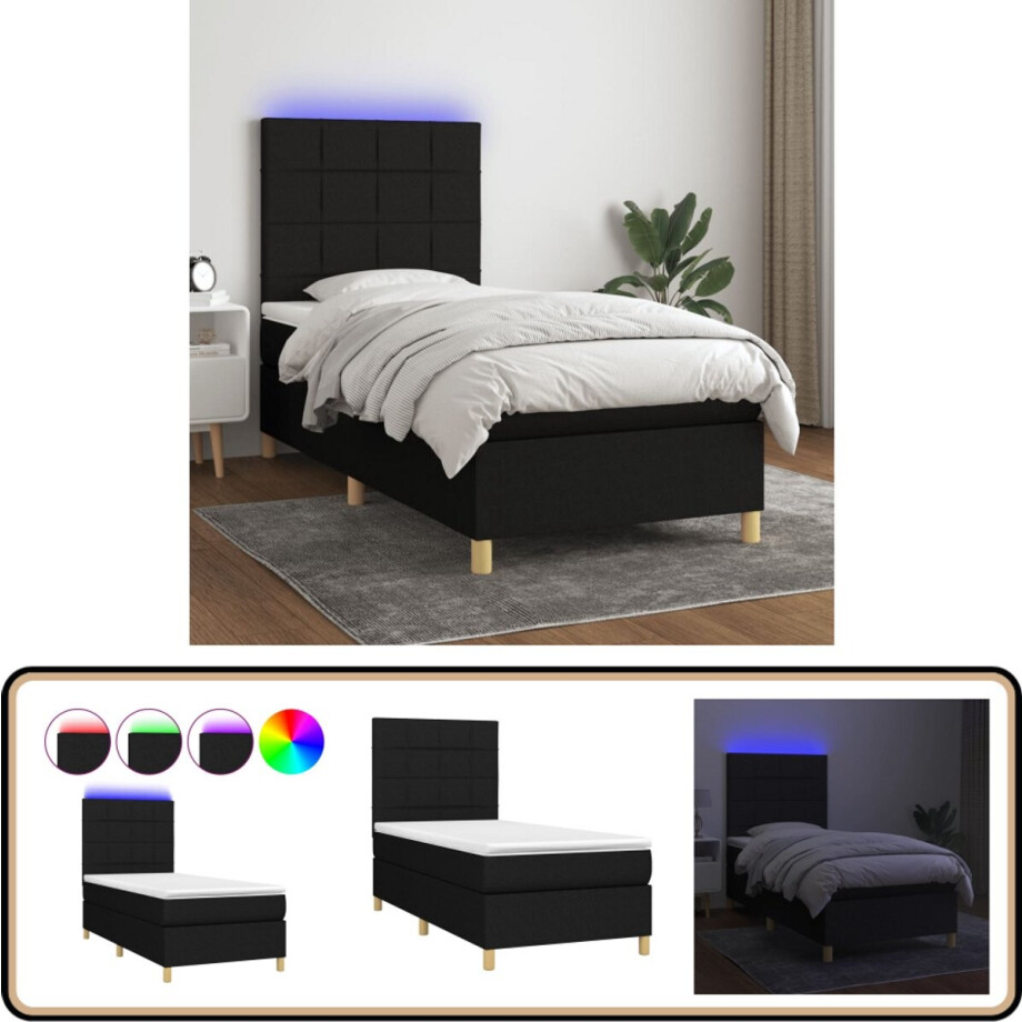 vidaXL Boxspring met LED en matras - 90x200 cm - Zwart Boxspring - Led Boxspring - Zwarte Boxspring - Boxspring Met Led - Slaapcomfort afbeelding 1