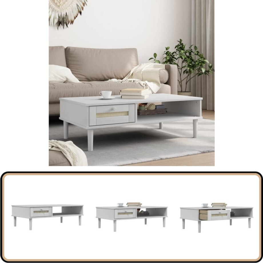 vidaXL Salontafel SENJA - Massief Hout - Wit Salontafel - Houten Salontafel - Witte Salontafel - Design Salontafel - Tv Tafellaar afbeelding 1