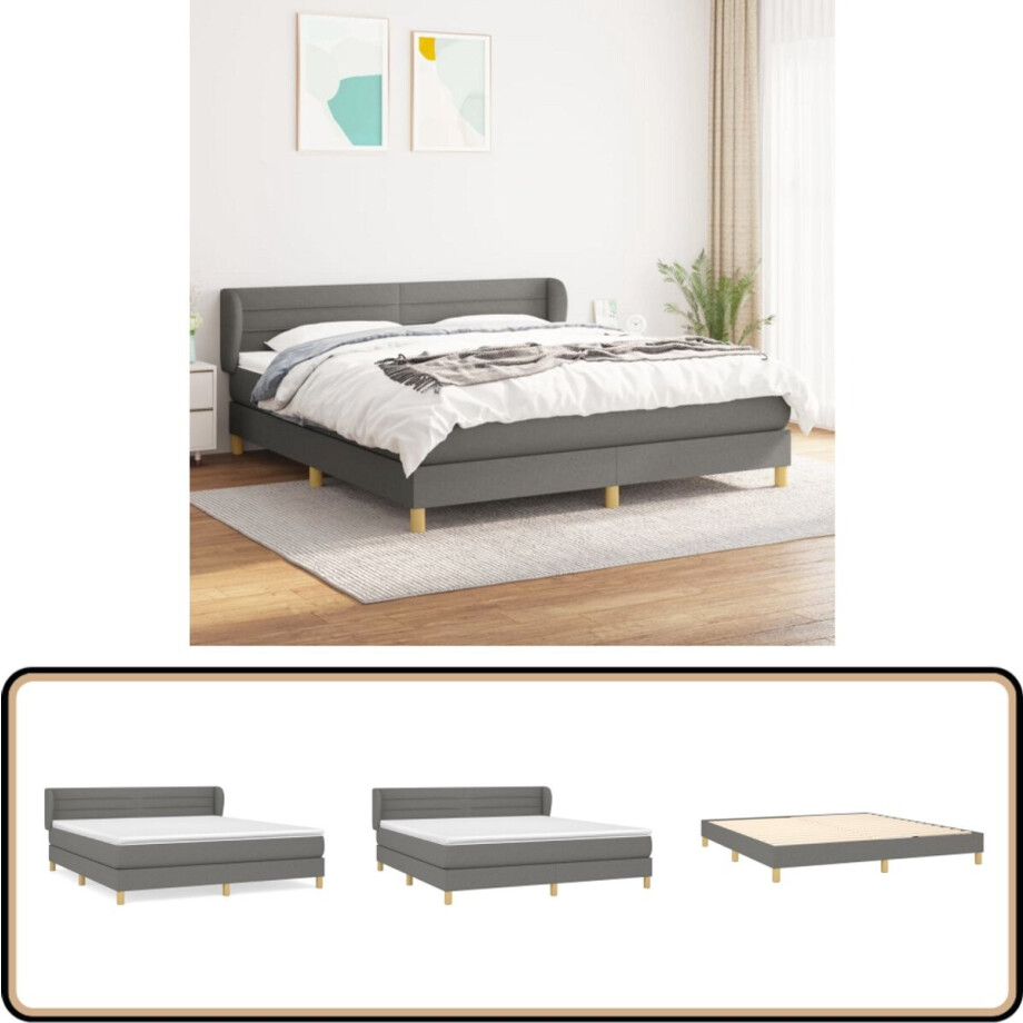 vidaXL Boxspring - Donkergrijs - 160x200 cm Boxspringbed - Pocketvering - Grijs - Tweepersoonsbed - Hoofdbord Verstelbaar afbeelding 1