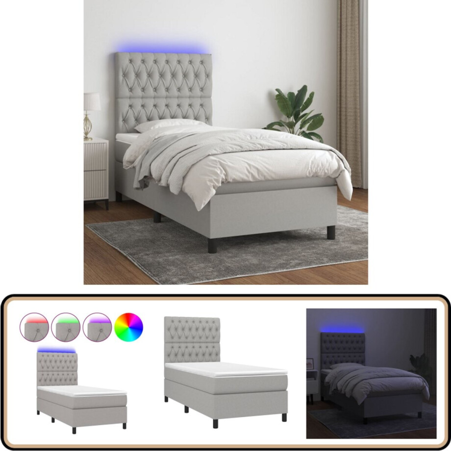 vidaXL Boxspring met LED, matras, lichtgrijs 90x190 Boxspring - Led Bed - Slaapcomfort - Pocketed Spring Mattress - Frame Bed afbeelding 1