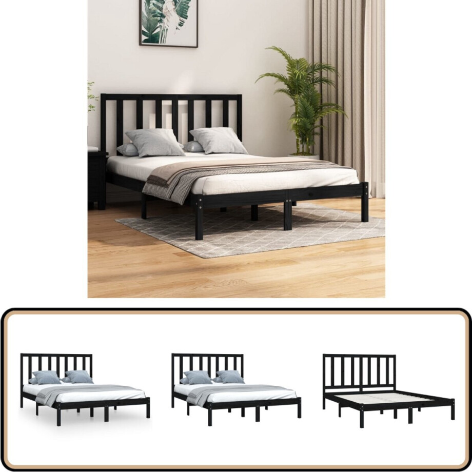 vidaXL Bedframe - Massief Grenenhout - Zwart - 140x190 cm Houten Bedframe - Massief Grenenhout - Zwarte Bedframe - Enkelpersoons Bed - Tweepersoons Bed vidaXL Bedframe - Massief Grenenhout - Zwart - 140x190 cm Houten Bedframe - Massief Grenenhout - Zwarte Bedframe - Enkelpersoons Bed - Tweepersoons Bed afbeelding 1