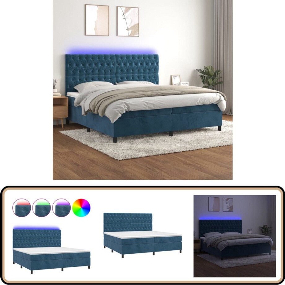vidaXL Boxspring LED Fluweel Donkerblauw 200x200 cm Boxspring - Fluweel Bed - Led Bed - Boxspring Frame - Tweepersoons Bed afbeelding 1