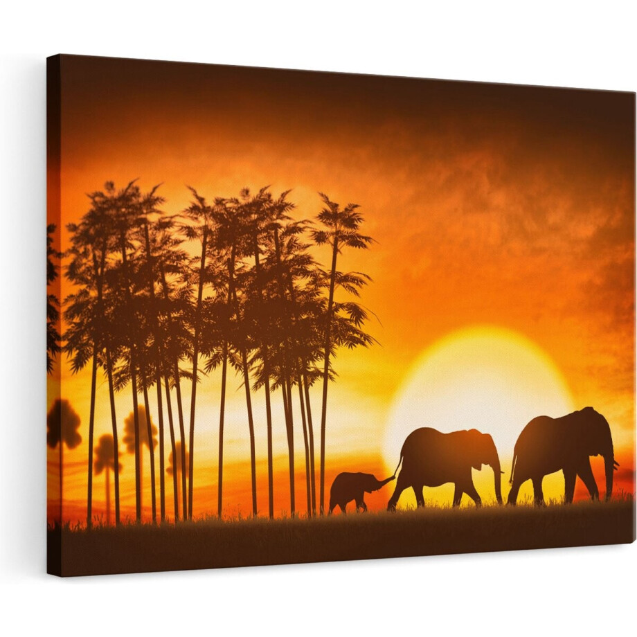 Artaza Canvas Schilderij Olifanten Familie bij Zonsondergang - 120x80 - Groot - Foto Op Canvas - Wanddecoratie Woonkamer afbeelding 1