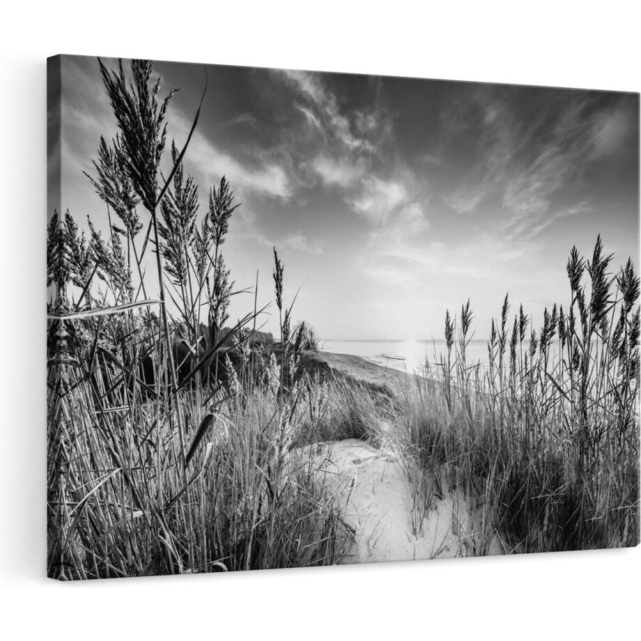 Artaza Canvas Schilderij Strand en Zee vanuit Duinen met Zonsondergang - Zwart Wit - 120x80 cm - Groot - Wanddecoratie Woonkamer - Schilderijen - Muurdecoratie afbeelding 1