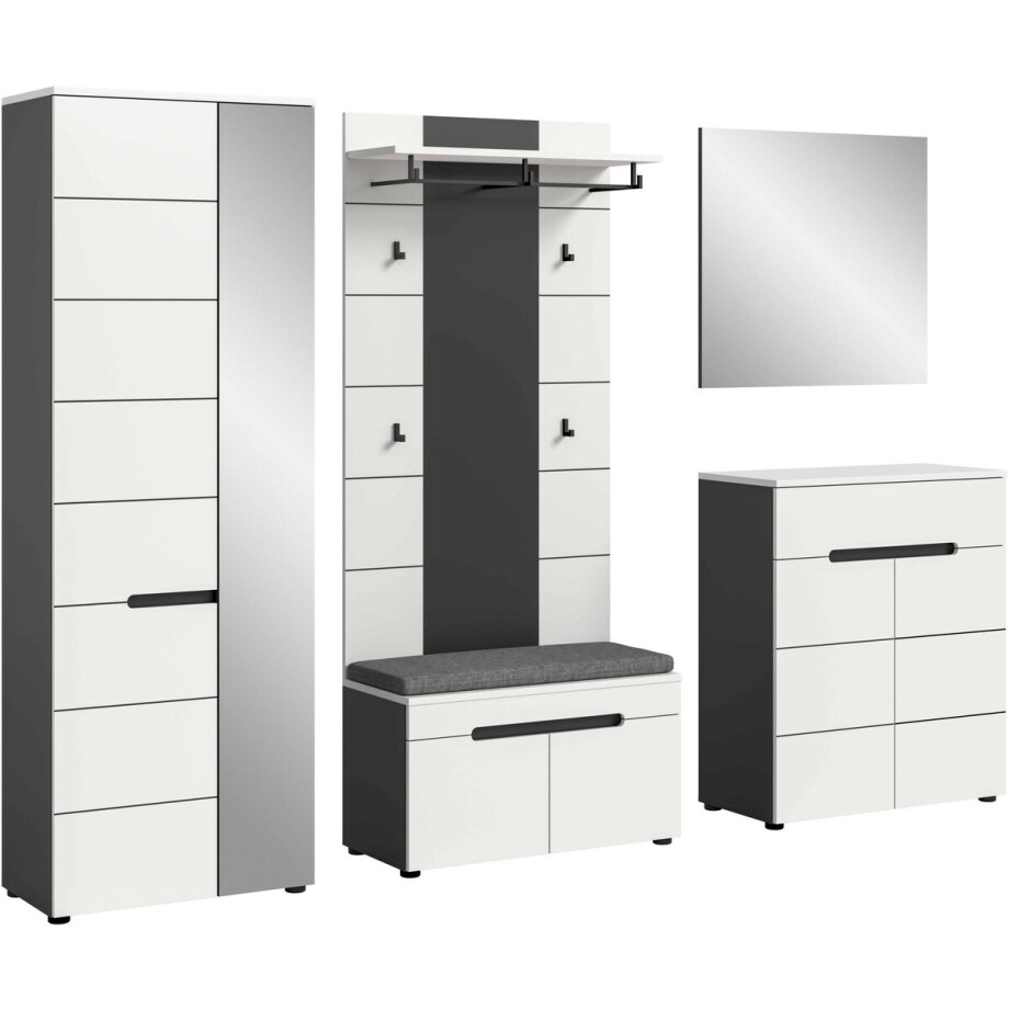 Canu kledingkastcombinatie inclusief zitkussen wit NB Basaltgrijs NB - 37x255x190cm Canu kledingkastcombinatie inclusief zitkussen wit NB Basaltgrijs NB - 37x255x190cm afbeelding 1