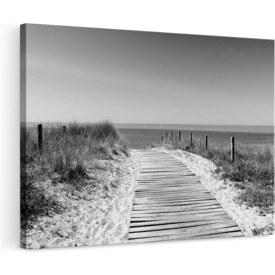 Artaza Canvas Schilderij Voetpad in De Duinen met Zee op de Achtergrond - Zwart Wit - 120x80 - Groot - Foto Op Canvas - Wanddecoratie afbeelding 1