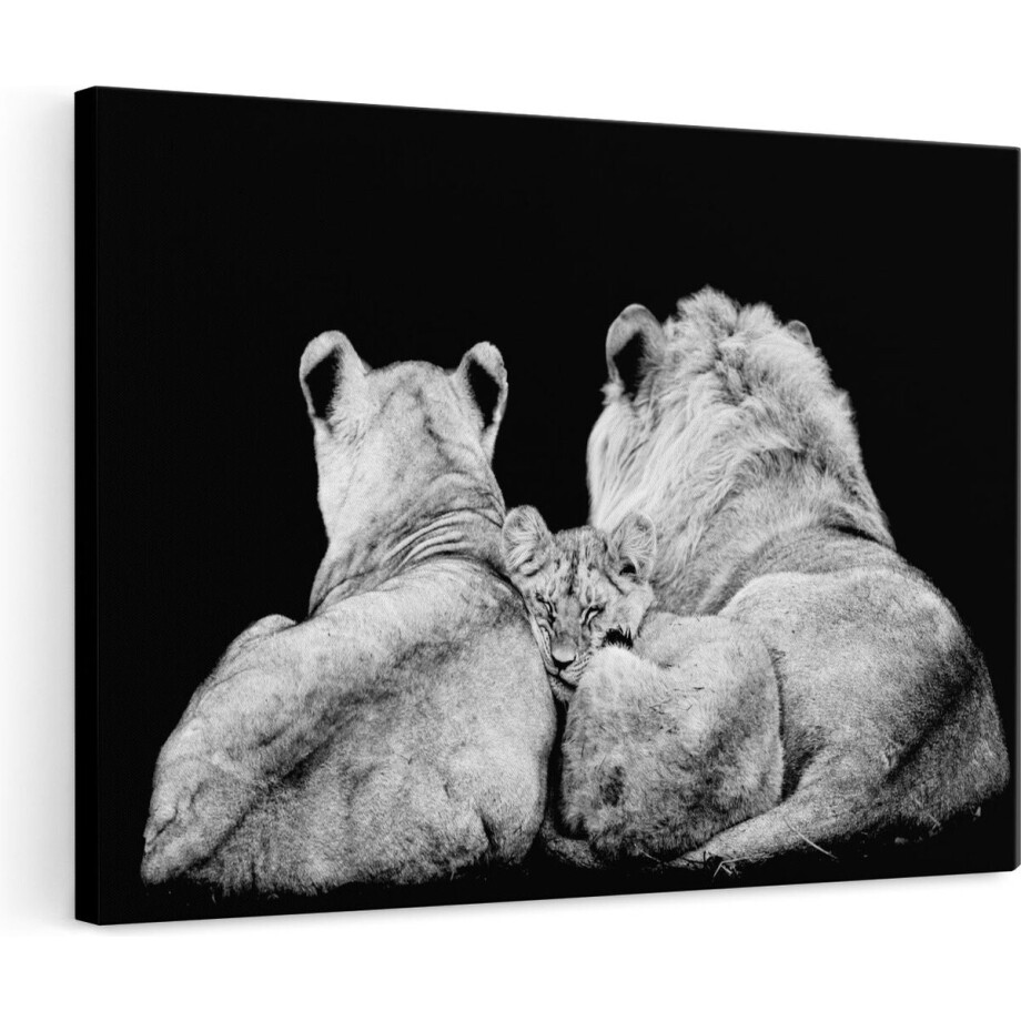 Artaza Canvas Schilderij Leeuw - 120x80 cm - Groot - Wanddecoratie Leeuwenfamilie - Muurdecoratie Dieren - Schilderijen Op Canvas Zwart Wit afbeelding 1