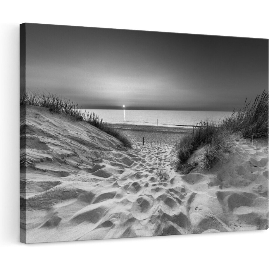 Artaza Canvas Schilderij Strand en Zee met Zonsondergang - Zwart Wit - 120x80 - Groot - Foto Op Canvas - Wanddecoratie Woonkamer afbeelding 1