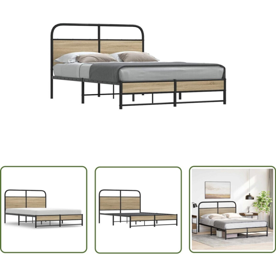 vidaXL Houten Bed - Bedframe - Bedframe zonder matras bewerkt hout gerookt eiken 135x190 cm - Bedkast - Slaapkamerr - Kingsize Bed afbeelding 1