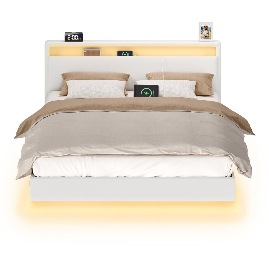 VASAGLE - Bed - Met Zwevend Effect - LED-Verlichting - Hoog Hoofdbord - Met Stopcontacten afbeelding 1