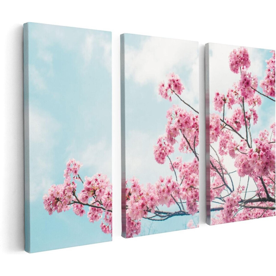 Artaza Canvas Schilderij Drieluik Roze Bloesemboom - Bloemen - 120x80 cm - Wanddecoratie Woonkamer - Schilderijen - Muurdecoratie afbeelding 1