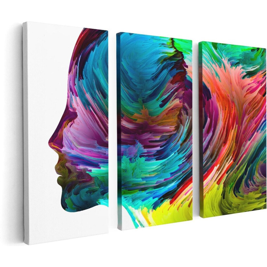 Artaza Canvas Schilderij Drieluik Abstracte Kunst van een Gezicht - Hoofd - 120x80 cm - Wanddecoratie Woonkamer - Schilderijen - Muurdecoratie afbeelding 1