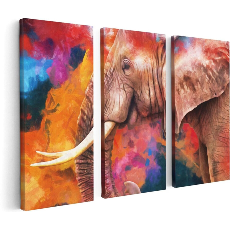 Artaza Canvas Schilderij Drieluik Kleurrijke Olifant - Abstract - 120x80 cm - Wanddecoratie Woonkamer - Schilderijen - Muurdecoratie afbeelding 1