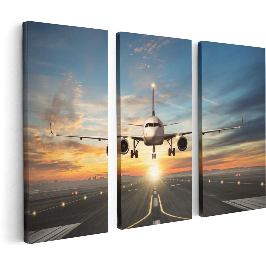 Artaza Canvas Schilderij Drieluik Vliegtuig Met Een Landing Op De Luchthaven - 120x80 - Foto Op Canvas - Canvas Print afbeelding 1