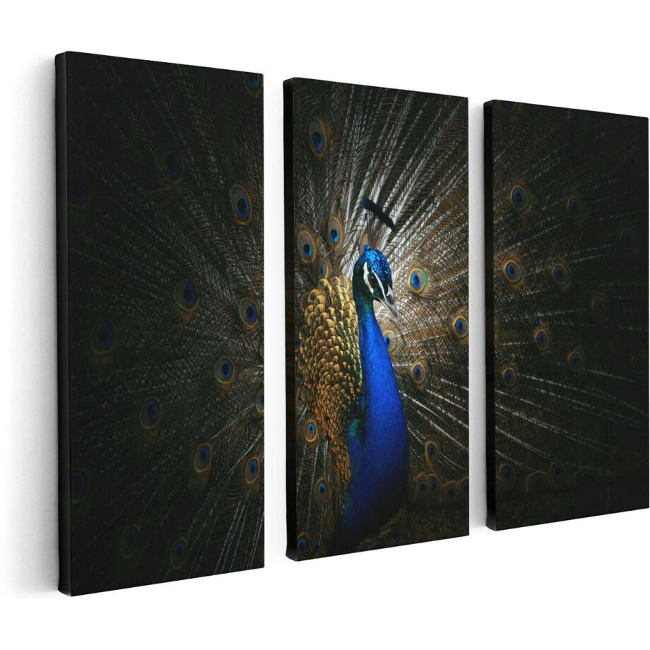 Artaza Canvas Schilderij Drieluik Blauwe Pauw Met Grote Veren - 120x80 cm - Wanddecoratie Woonkamer - Schilderijen - Muurdecoratie Artaza Canvas Schilderij Drieluik Blauwe Pauw Met Grote Veren - 120x80 cm - Wanddecoratie Woonkamer - Schilderijen - Muurdecoratie afbeelding 1