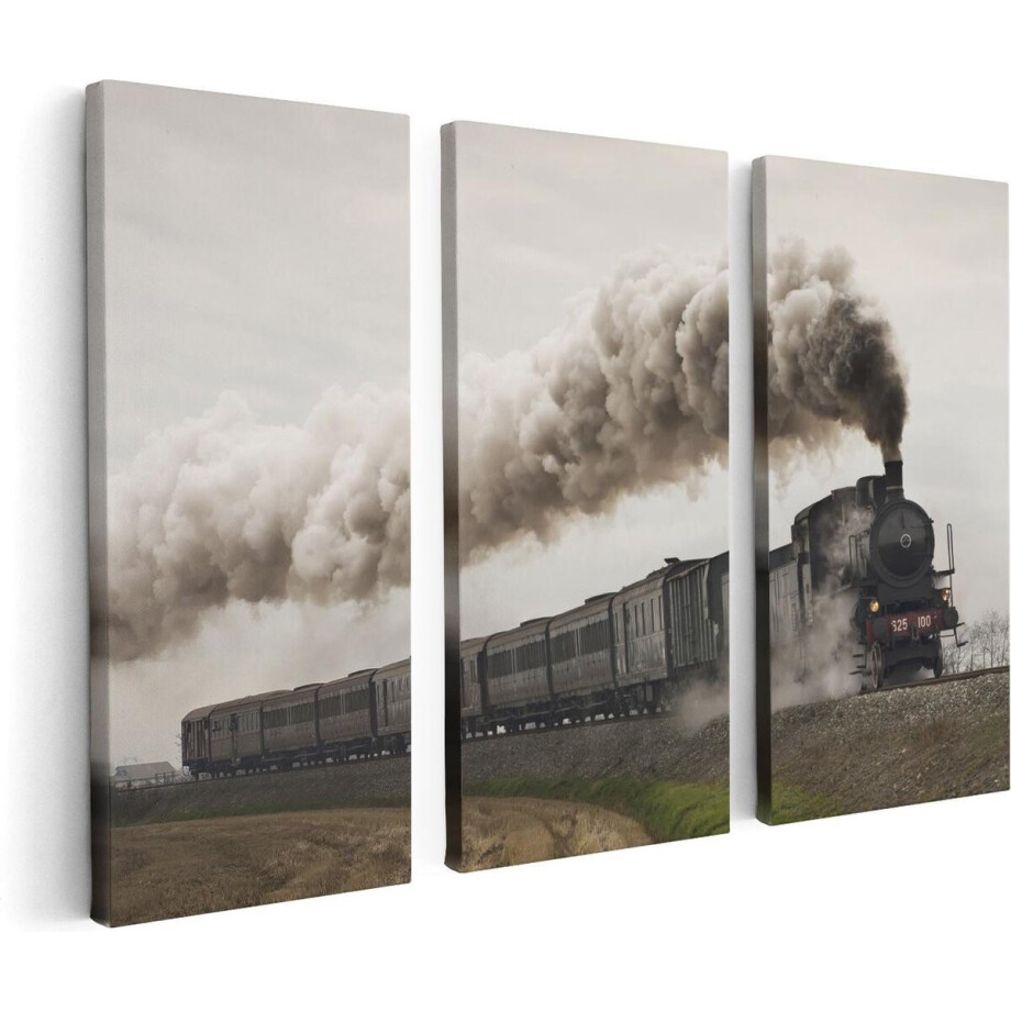 Artaza Canvas Schilderij Drieluik Locomotief Trein met Rook Wolken - 120x80 cm - Wanddecoratie Woonkamer - Schilderijen - Muurdecoratie afbeelding 1