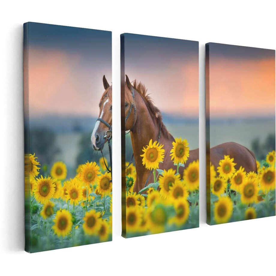 Artaza Canvas Schilderij Drieluik Bruin Paard Tussen De Zonnebloemen - 120x80 - Foto Op Canvas - Canvas Print afbeelding 1