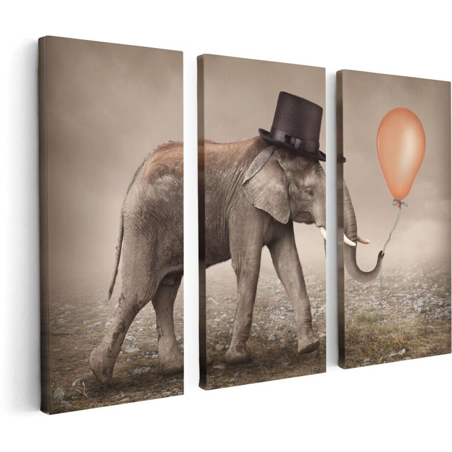 Artaza Canvas Schilderij Drieluik Olifant Met Een Oranje Ballon - Hoedje - 120x80 - Foto Op Canvas - Canvas Print afbeelding 1