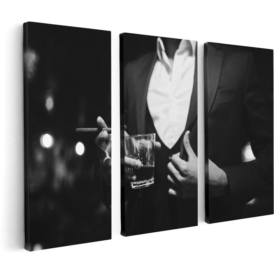 Artaza Canvas Schilderij Drieluik Man In Pak Met Een Sigaar En Een Drankje - 120x80 - Foto Op Canvas - Canvas Print afbeelding 1
