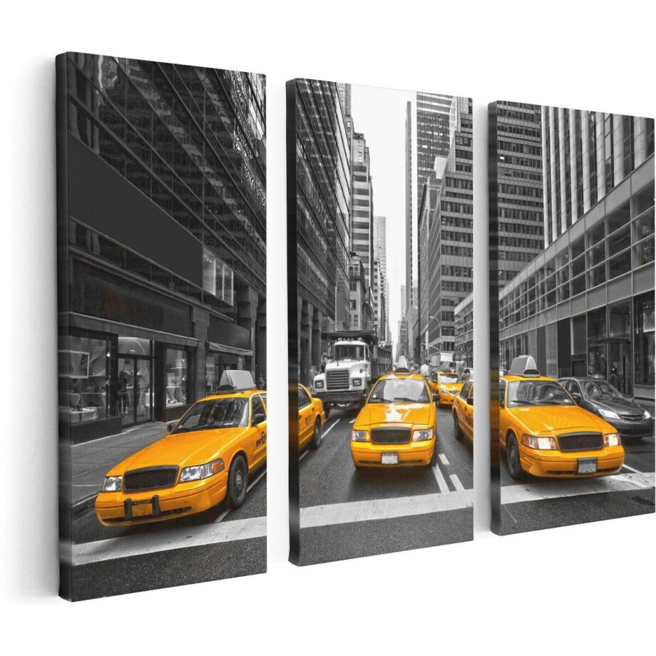 Artaza Canvas Schilderij Drieluik New York Gele Taxi's - Zwart Wit - 120x80 cm - Wanddecoratie Woonkamer - Schilderijen - Muurdecoratie afbeelding 1