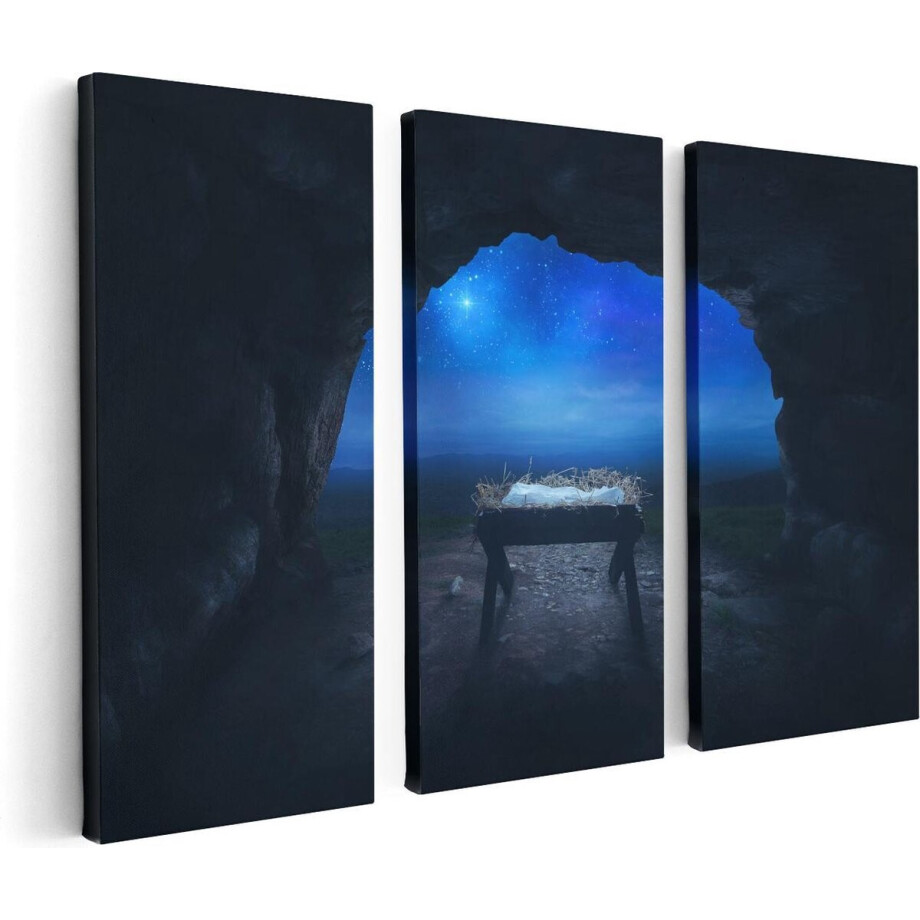 Artaza Canvas Schilderij Drieluik Kribbe in een Grot onder de Ster Van Bethlehem - 120x80 - Foto Op Canvas - Canvas Print afbeelding 1