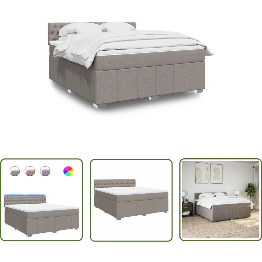 vidaXL Boxspringbed - Boxspring - Boxspring met matras stof taupe 180x200 cm - Matras - Led Verlichting - Taupecleur afbeelding 1