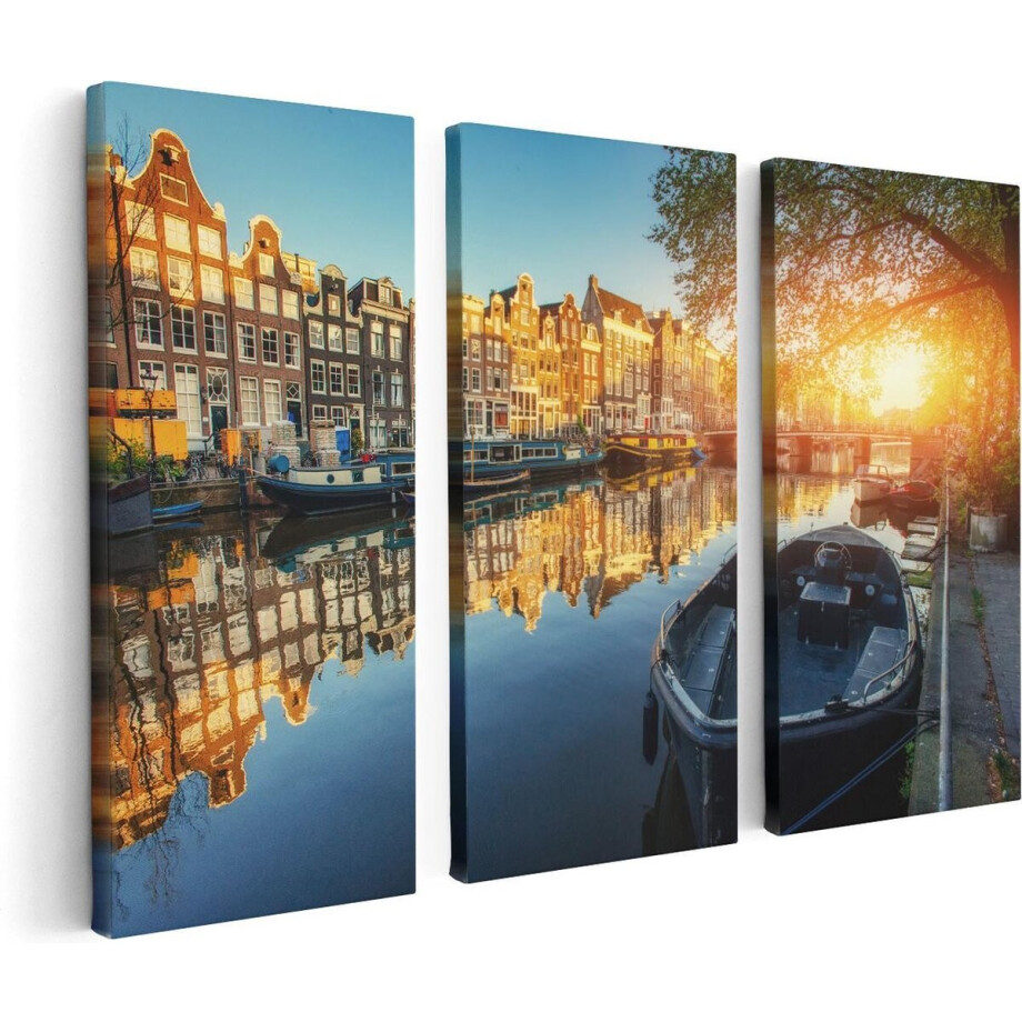 Artaza Canvas Schilderij Drieluik Amsterdamse Gracht Bij Zonsondergang - 120x80 - Foto Op Canvas - Canvas Print afbeelding 1