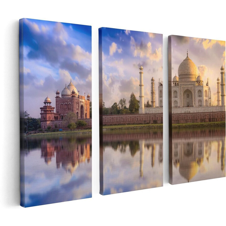 Artaza Canvas Schilderij Drieluik Taj Mahal bij het Water in India - 120x80 cm - Wanddecoratie Woonkamer - Schilderijen - Muurdecoratie afbeelding 1