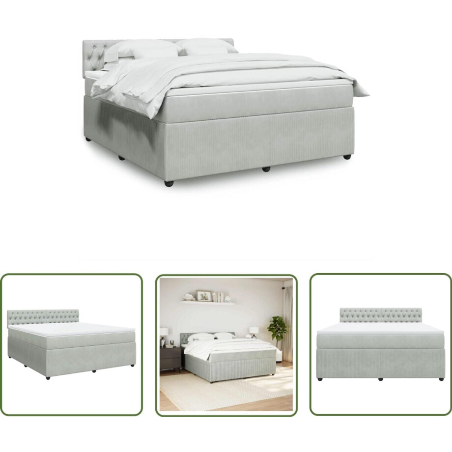 vidaXL Slaapcomfort - Boxspring - Boxspring met matras fluweel lichtgrijs 180x200 cm - Fluweel - Pocketvering - Matras Topper afbeelding 1
