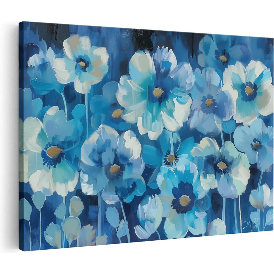 Artaza Canvas Schilderij Blauwe Bloemen op een Zwarte Achtergrond - 60x40 cm - Wanddecoratie Woonkamer - Schilderijen - Muurdecoratie afbeelding 1