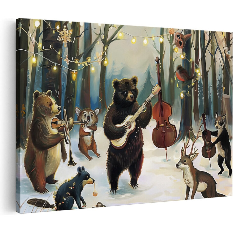 Artaza Canvas Schilderij Dieren Muziekband - 120x80 cm - Groot - Wanddecoratie Kerst - Muurdecoratie Beer - Schilderijen Op Canvas Bos afbeelding 1