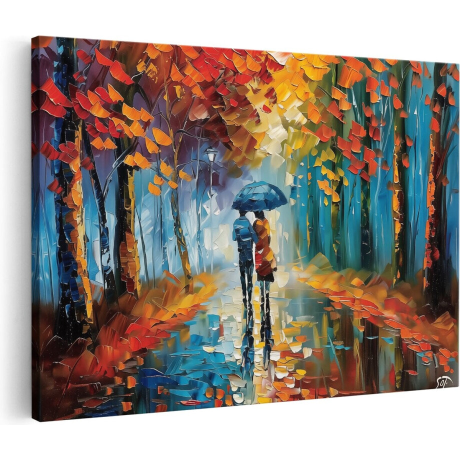 Artaza Canvas Schilderij Paar dat in de Regen loopt met een Paraplu - 120x80 cm - Groot - Wanddecoratie Woonkamer - Schilderijen - Muurdecoratie afbeelding 1