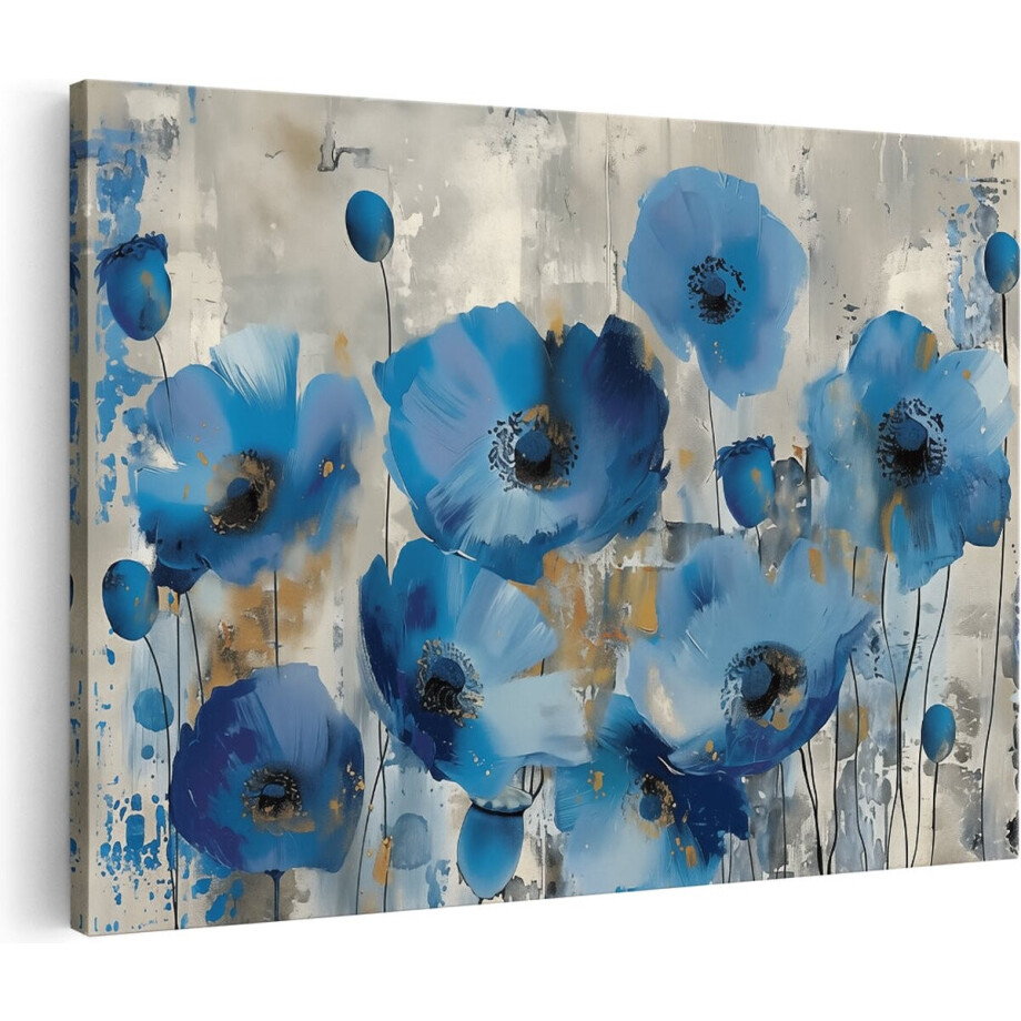 Artaza Canvas Schilderij Bloemen Abstract - 60x40 cm - Wanddecoratie Klaproos - Muurdecoratie Blauw - Schilderijen Op Canvas afbeelding 1