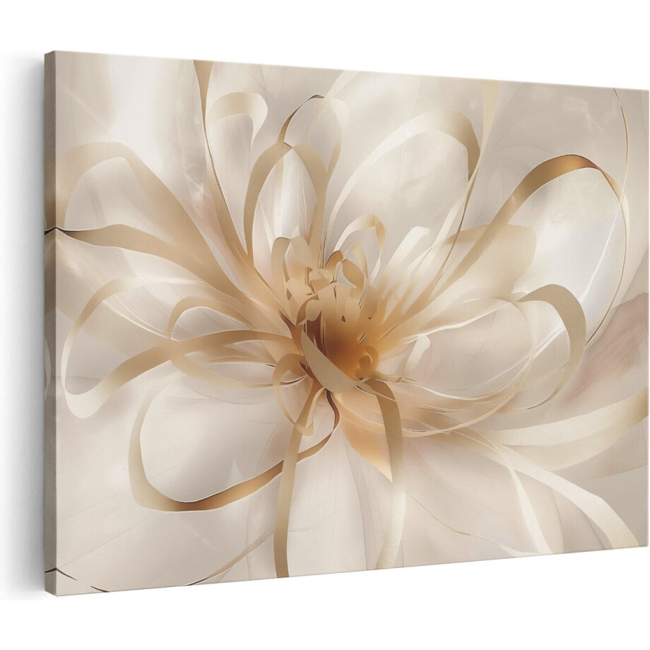 Artaza Canvas Schilderij Witte Bloem met Gouden Linten - Bloemen - 90x60 cm - Wanddecoratie Woonkamer - Schilderijen - Muurdecoratie afbeelding 1