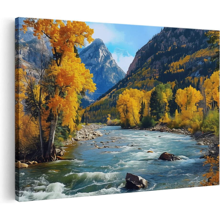 Artaza Canvas Schilderij Bergen - 30x20 cm - Klein - Wanddecoratie Rivier - Muurdecoratie Herfst - Kamer Accessoires Natuur afbeelding 1