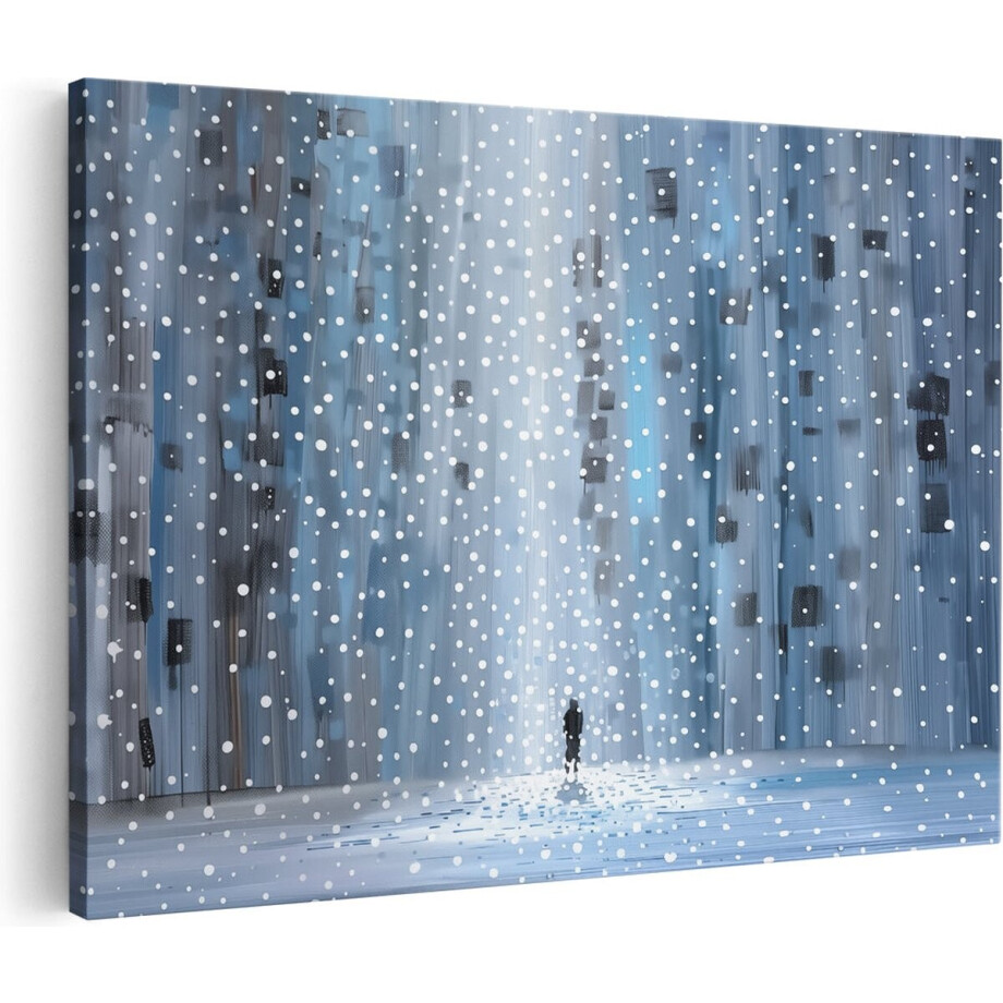 Artaza Canvas Schilderij Persoon in een Besneeuwde Stad - 90x60 cm - Wanddecoratie Woonkamer - Schilderijen - Muurdecoratie afbeelding 1