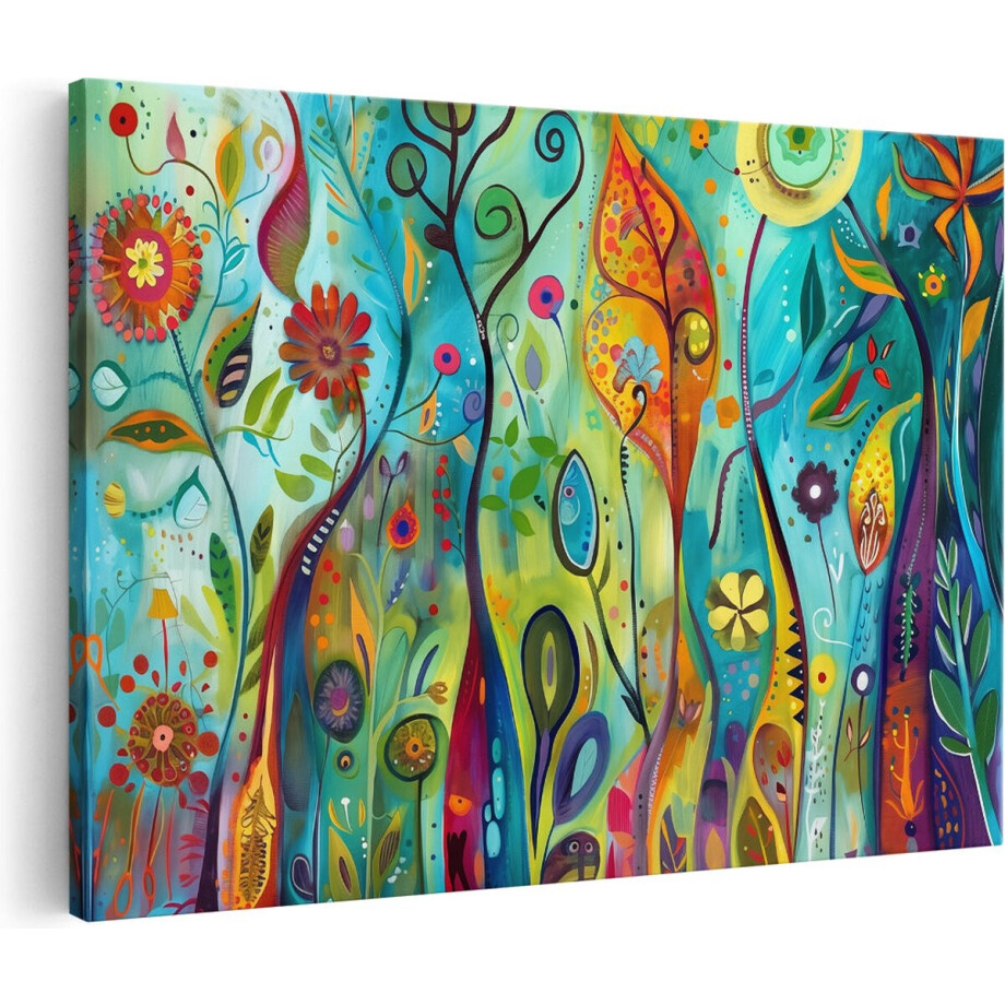 Artaza Canvas Schilderij Kleurrijk Abstract Kunstwerk van Bloemen en Bomen - 90x60 cm - Wanddecoratie Woonkamer - Schilderijen - Muurdecoratie afbeelding 1
