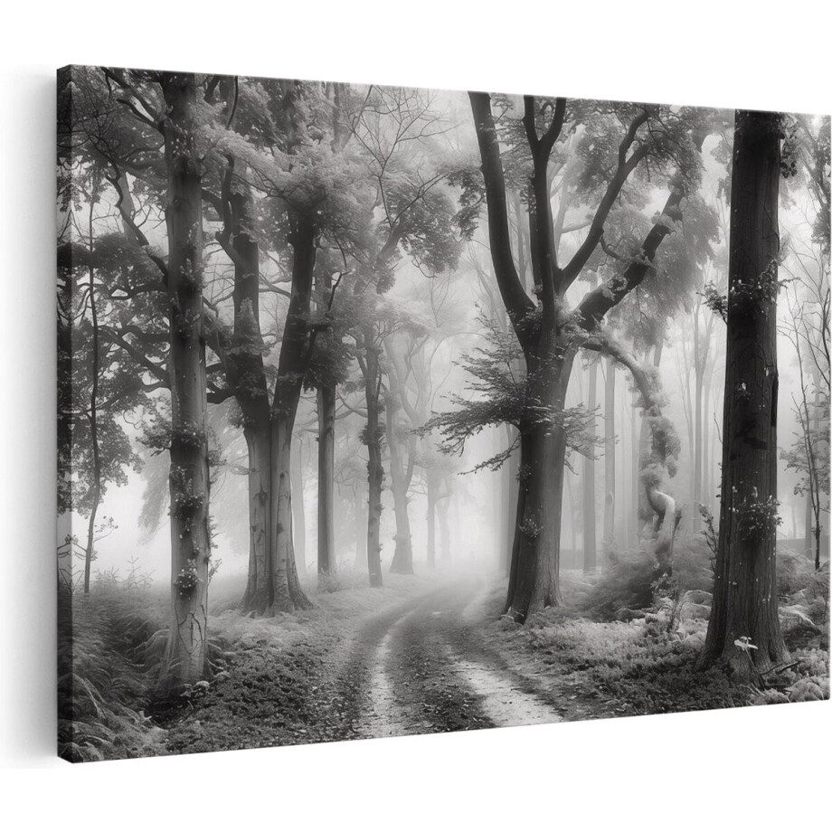 Artaza Canvas Schilderij Zwart Wit Beeld van een Mistig Bos - Landschap - 120x80 cm - Groot - Wanddecoratie Woonkamer - Schilderijen - Muurdecoratie afbeelding 1