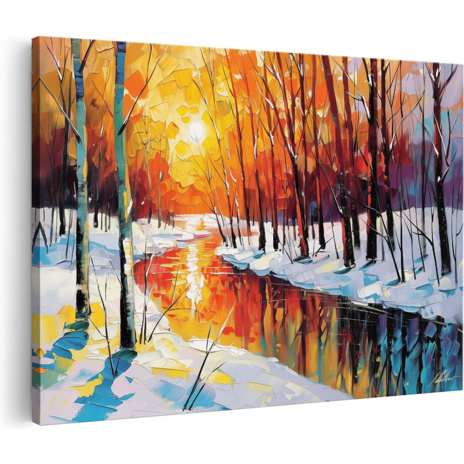 Artaza Canvas Schilderij Bos - 30x20 cm - Klein - Wanddecoratie Winter - Muurdecoratie Boom - Kamer Accessoires Zonsondergang afbeelding 1