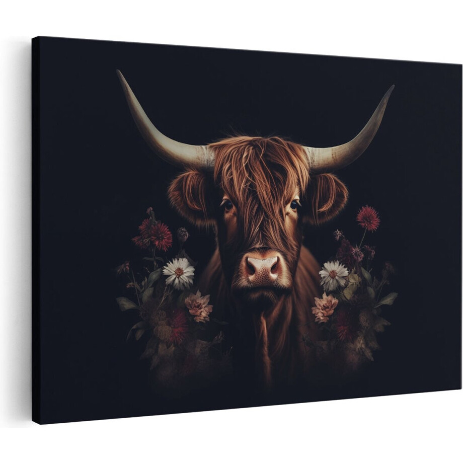 Artaza Canvas Schilderij Koe met Hoorns en Bloemen - 120x80 - Groot - Foto Op Canvas - Canvas Print afbeelding 1
