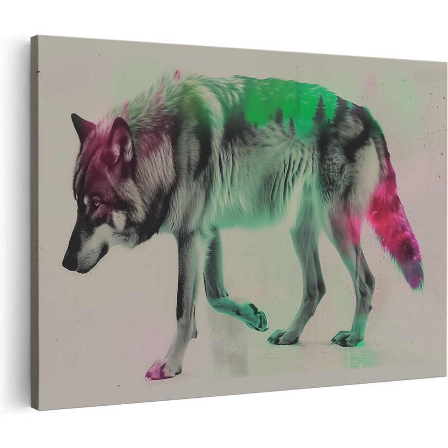 Artaza Canvas Schilderij Wolf voor een Kleurrijke Achtergrond - Dieren - 120x80 cm - Groot - Wanddecoratie Woonkamer - Schilderijen - Muurdecoratie afbeelding 1