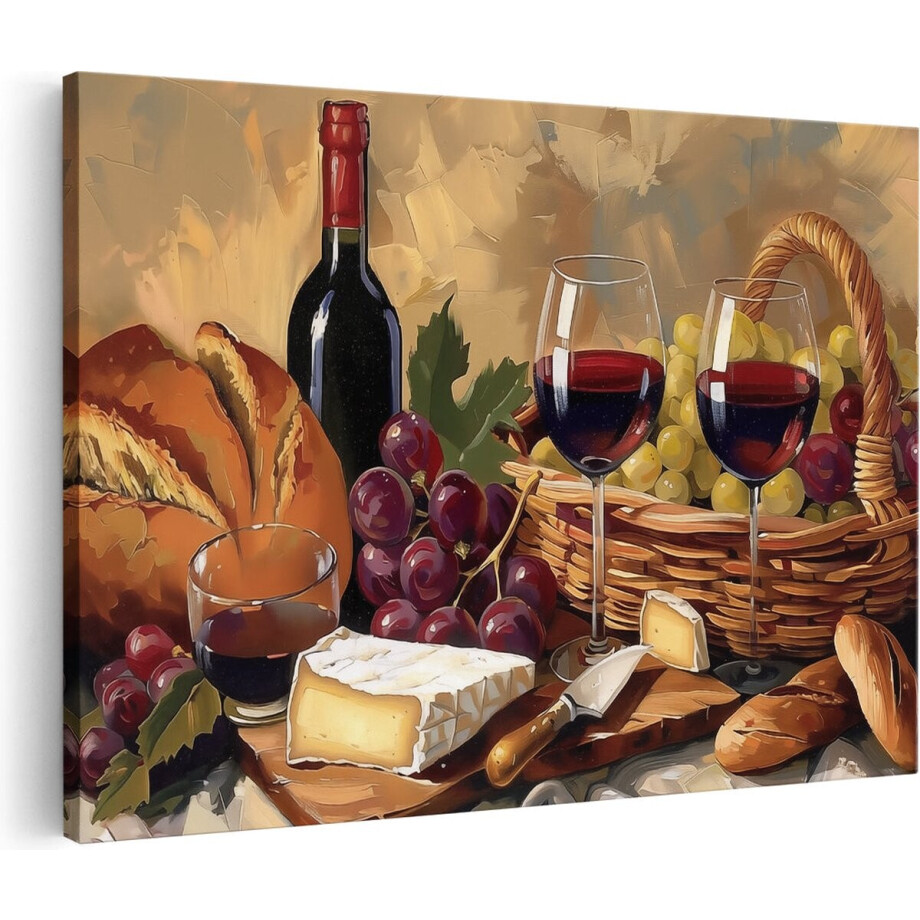 Artaza Canvas Schilderij Wijn Brood en Kaas - 60x40 cm - Wanddecoratie Woonkamer - Schilderijen - Muurdecoratie afbeelding 1